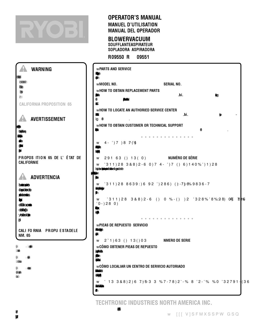 Ryobi RY09951 manuel dutilisation Avertissement , Manuel D’UTILISATION Manual DEL Operador, RY09550 / RY09551 